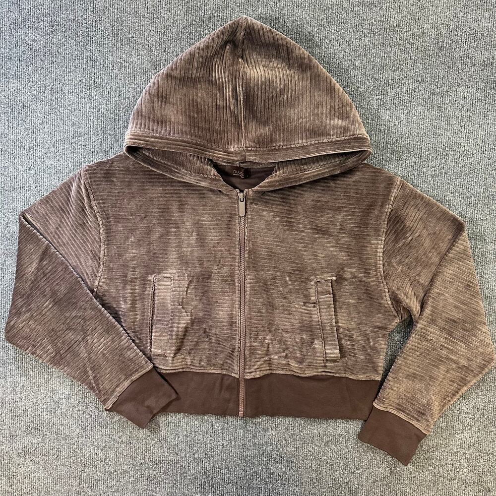 Nuuds Women's Full Zip Ribbed Hoodie Cropped Velvet Corduroy Velour Sweatshirt S